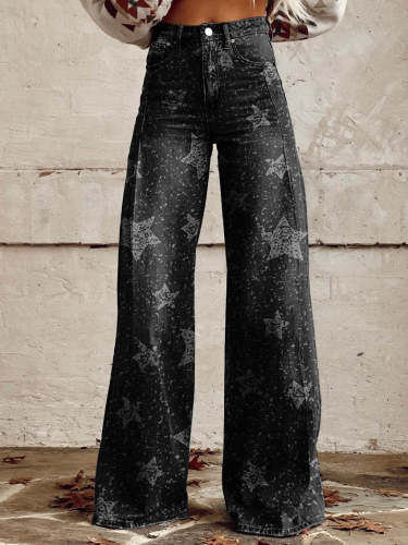 Women's Black Grey Star Print Casual Wide Leg Pants