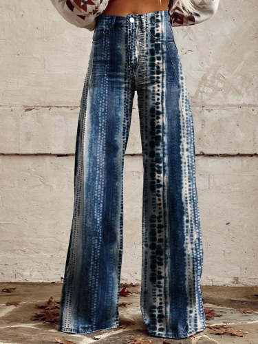 Women's Blue Print Casual Wide Leg Pants