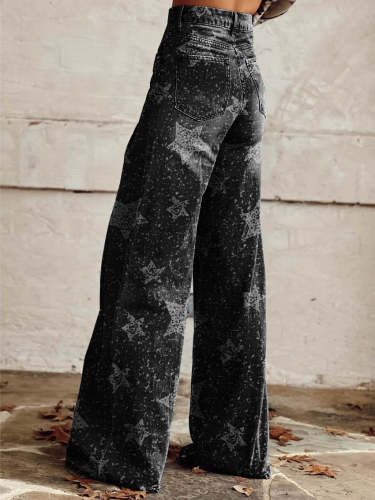 Women's Black Grey Star Print Casual Wide Leg Pants