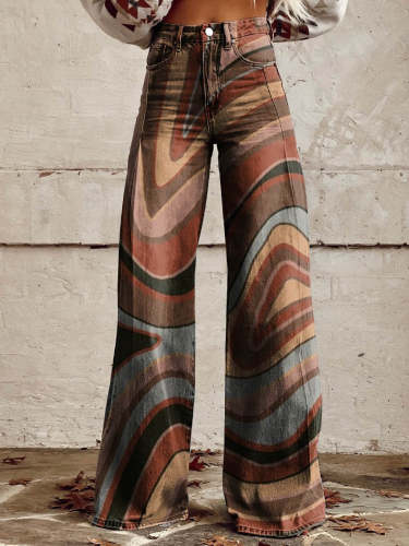 Women's Brown Contours Print Casual Wide Leg Pants