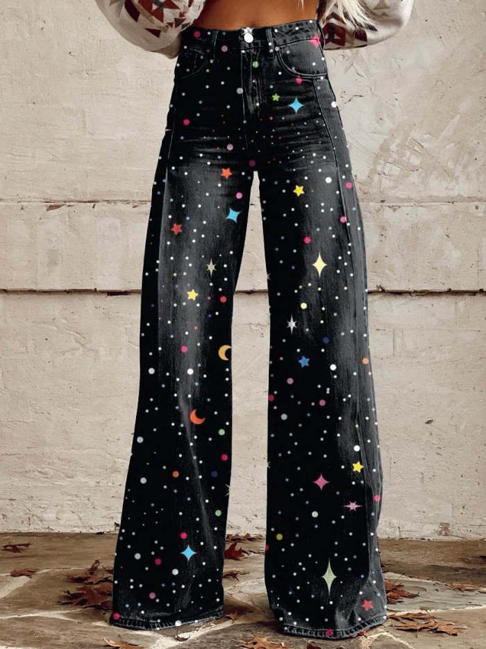 Women's Black Color Stars and Moon Print Casual Wide Leg Pants