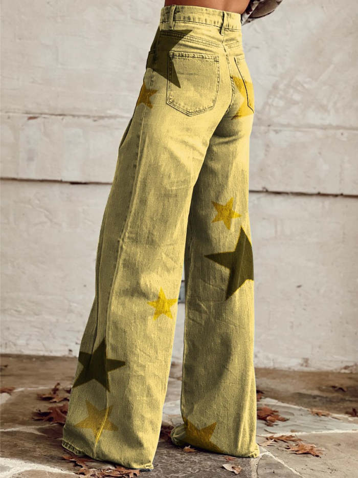 Women's Yellow Star Print Casual Wide Leg Pants