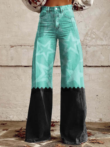 Women's Green and Black Stars Print Casual Wide Leg Pants