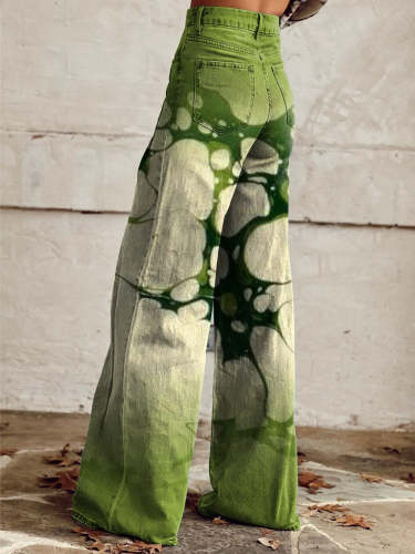 Women's Retro Green Gradient Water Pattern Print Casual Wide Leg Pants