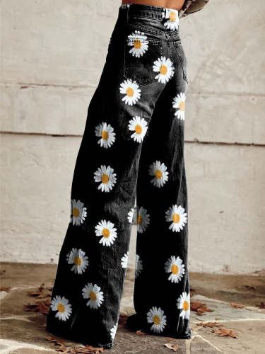 Women's  Vintage Daisy Print Casual Wide Leg Pants