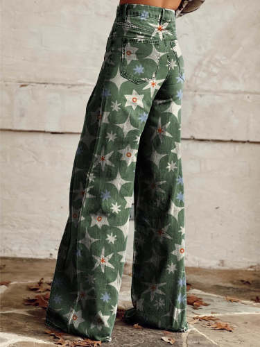 Women's Green Flowers and Stars Print Casual Wide Leg Pants