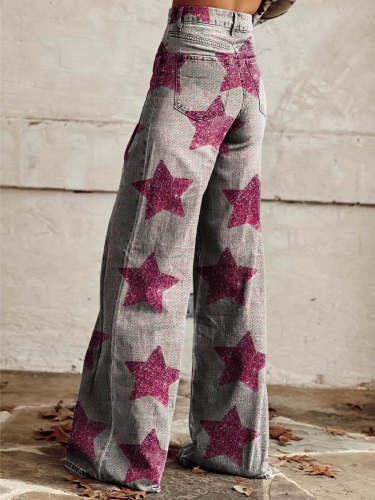 Women's White Pink Star Print Casual Wide Leg Pants