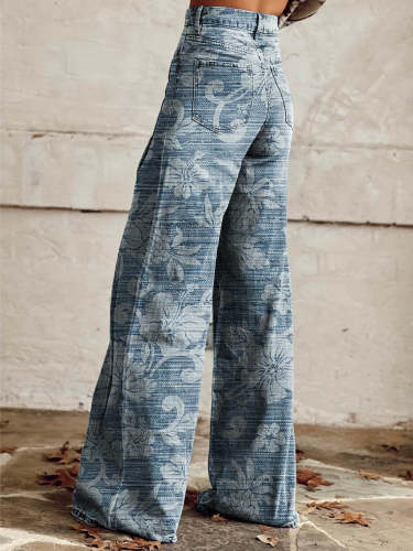 Women's Blue Flower Print Casual Wide Leg Pants