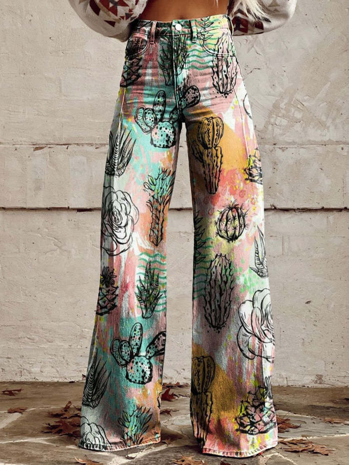 Women's Vintage Print Casual Wide Leg Pants