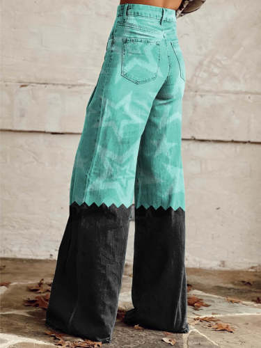 Women's Green and Black Stars Print Casual Wide Leg Pants