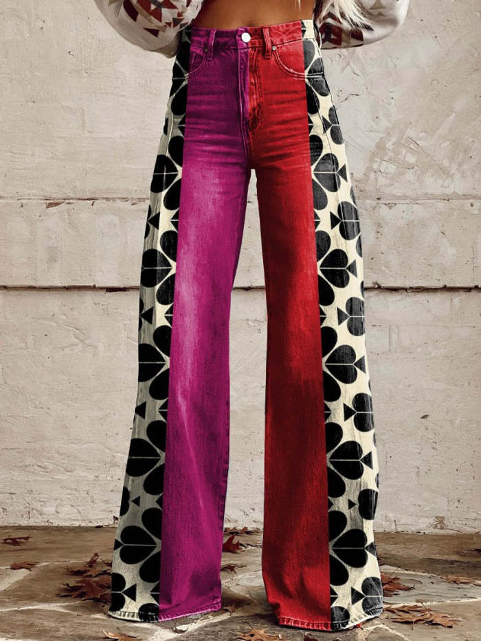 Women's Red Print Casual Wide Leg Pants