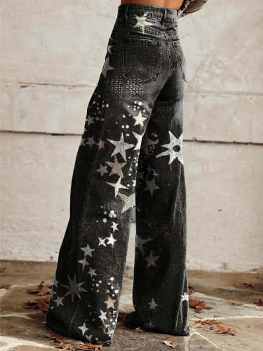 Women's Black Star Print Casual Wide Leg Pants