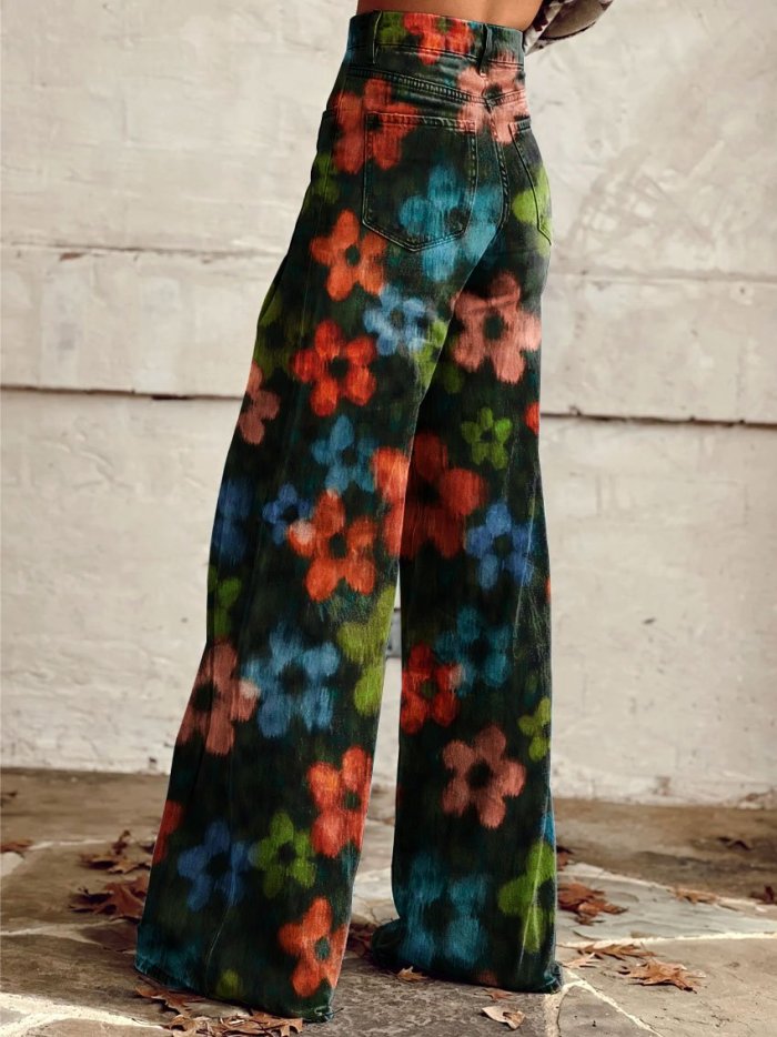 Women's Vintage Stamens Print Casual Wide Leg Pants