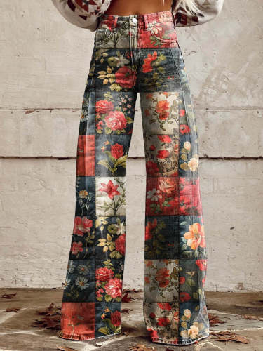 Women's Colorful Flower Print Casual Wide Leg Pants