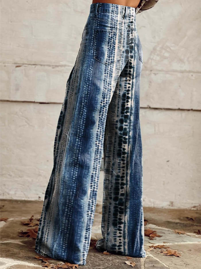 Women's Blue Print Casual Wide Leg Pants