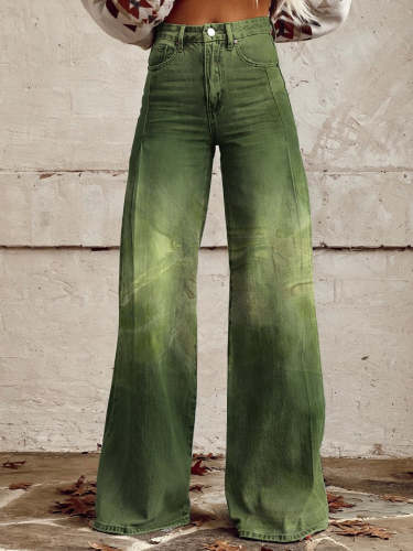 Women's Retro Green Gradient Old Texture Print Casual Wide Leg Pants