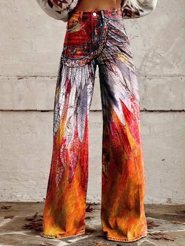 Women's Vintage Lrregular Totem Print Casual Wide Leg Pants