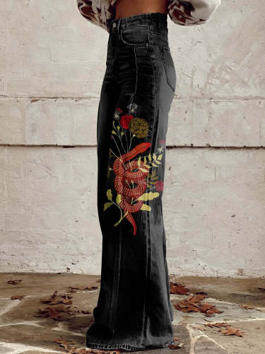 Women's Black Flowers and Snakes Print Casual Wide Leg Pants
