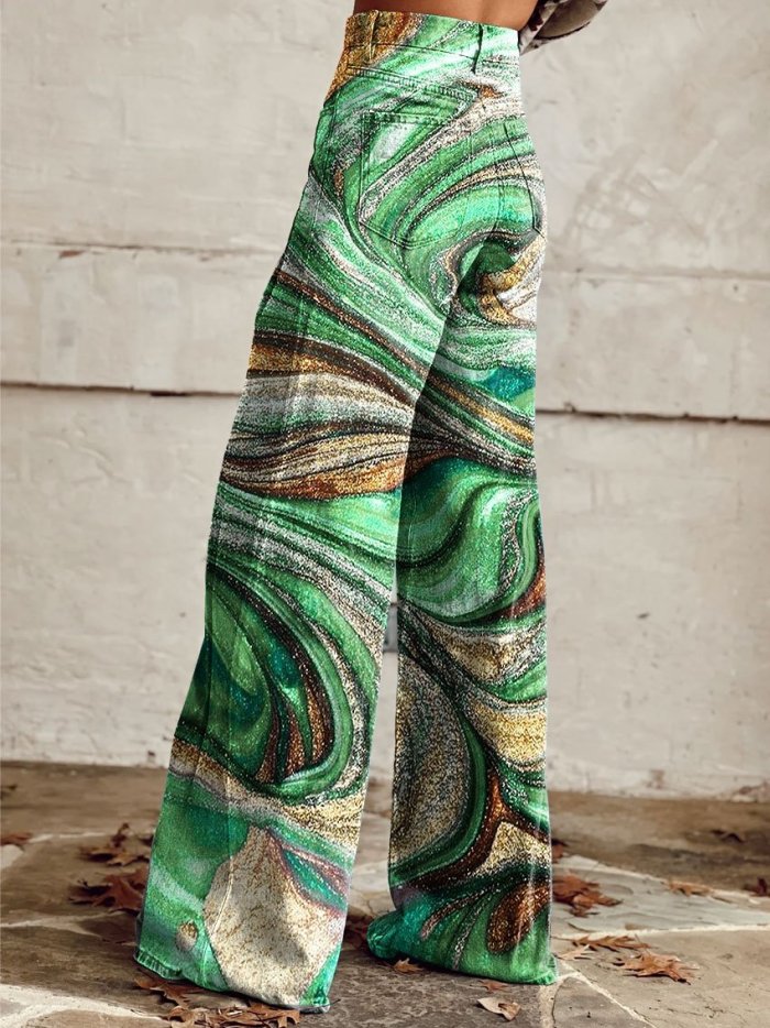 Women's Vintage Green Texture Print Casual Wide Leg Pants