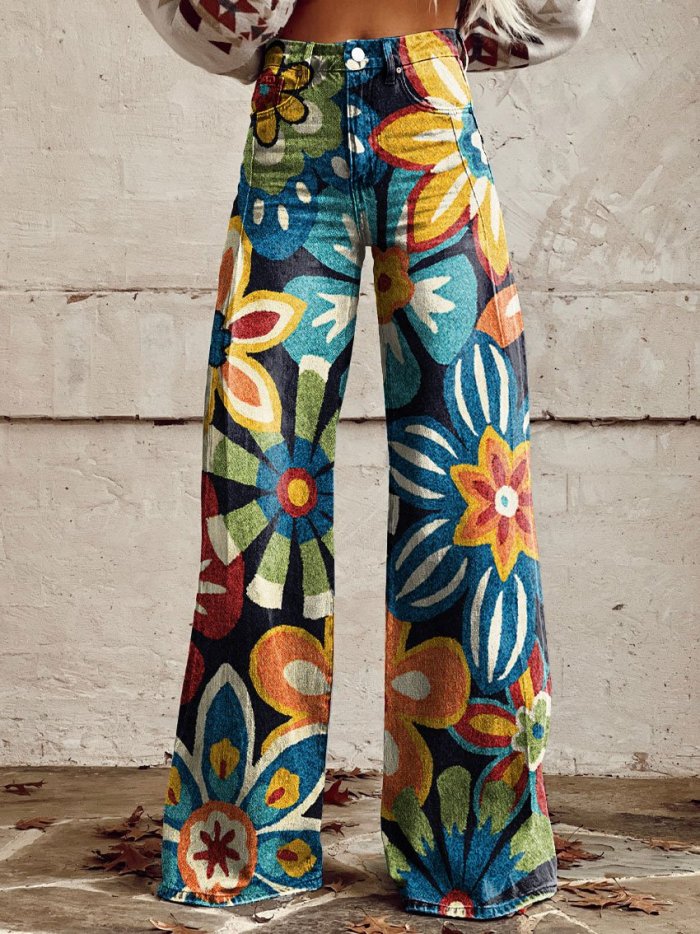 Women's Vintage Wild West Print Casual Wide Leg Pants