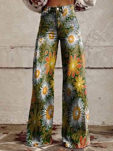 Women's Vintage Flower Daisy Print Casual Wide Leg Pants