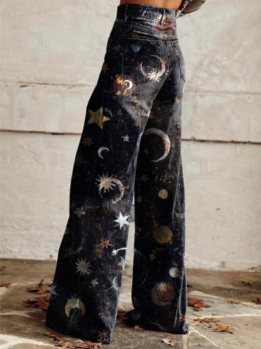 Women's Black Stars and Moon Print Casual Wide Leg Pants