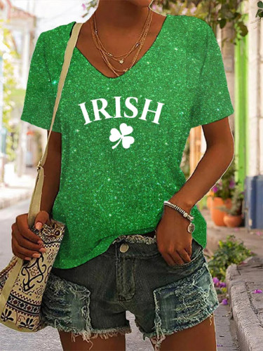 Women's Irish Shamrock Clover Print St Patrick's Day V Neck Tee