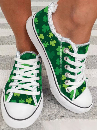 Women's St Patrick's Day Shamrock Print Raw Trim Lace Up Sneakers