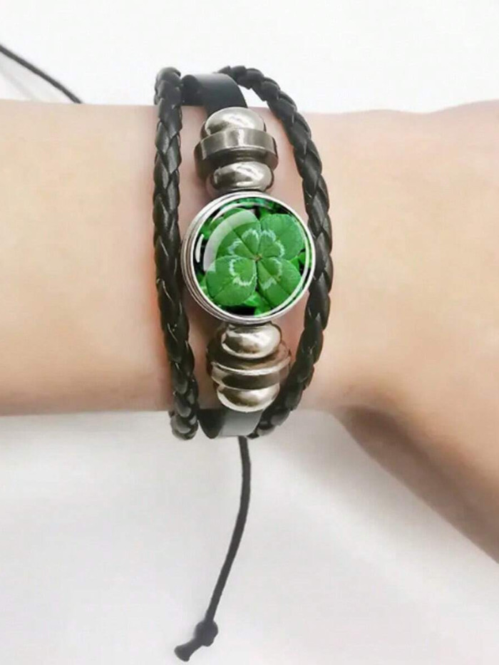 Women's St Patrick'S Day Lucky Four Leaf Clover Leather Woven Bracelet