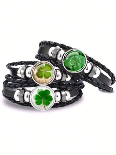 Women's St Patrick'S Day Lucky Four Leaf Clover Leather Woven Bracelet