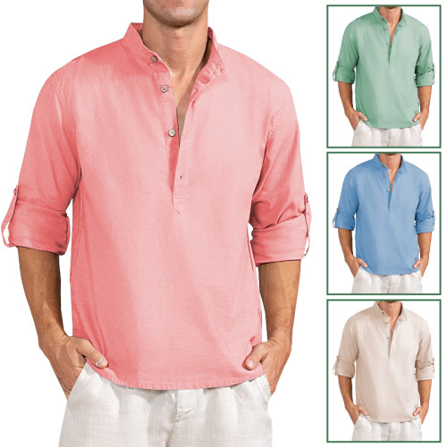 Men's Linen Henley Shirt Roll-Up Long Sleeve Plus Size Summer Shirts