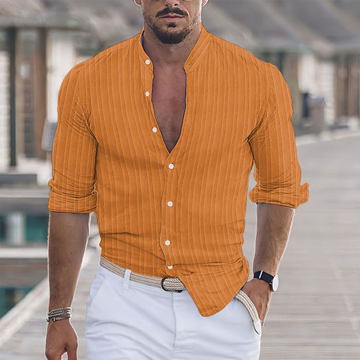 Men's Cotton and Linen Striped Casual Loose Short-sleeved Shirt