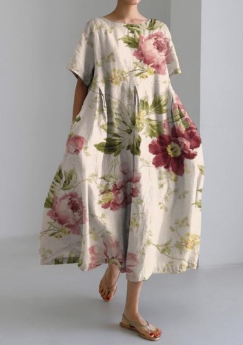 Vintage Floral Print Loose Short Sleeve Dress