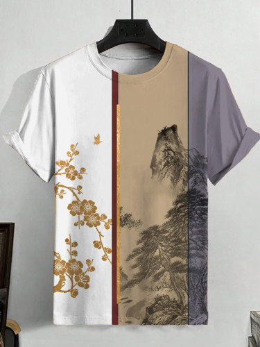 Men's Cherry Blossom And Mountain Scenery Color Block Tee