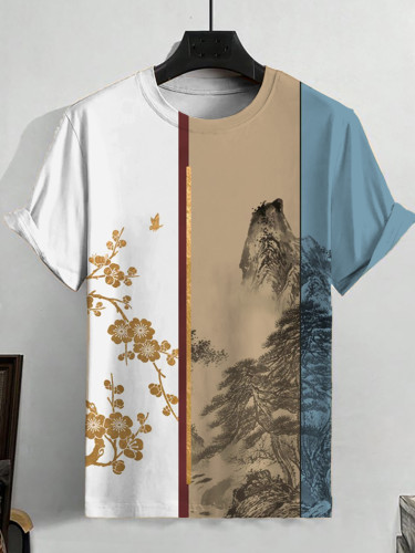 Men's Cherry Blossom And Mountain Scenery Color Block Tee