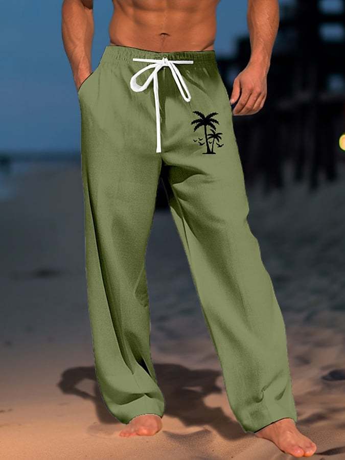 Men's Fashionable Resort Print Lace-Up Loose Casual Pants