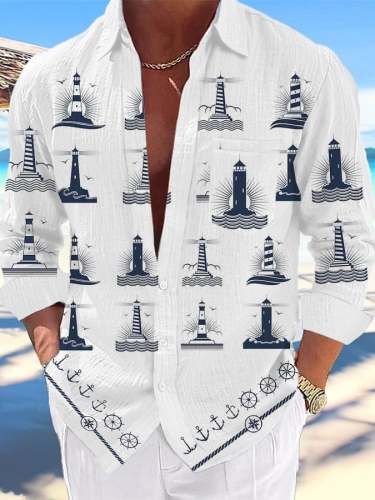 Men's Casual Nautical Lighthouse Print Lapel Shirt