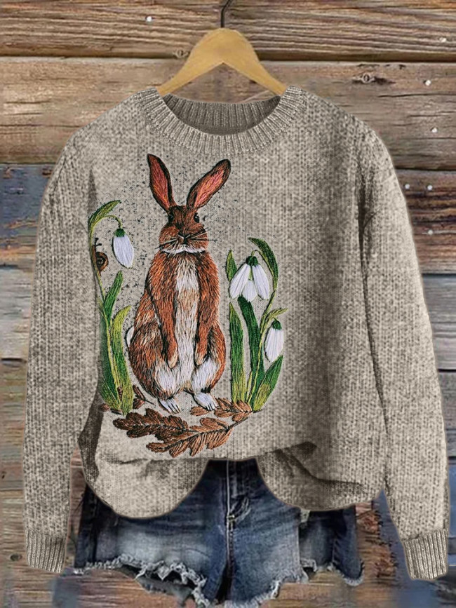 Forest Bunny Embroidery Art Cozy Knit Sweater