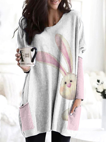 Cute Bunny Print Casual Cozy Long T-Shirt