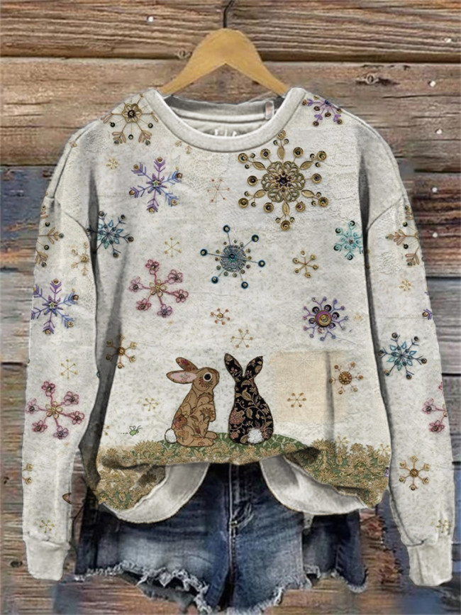 Bunny & Sequin Snowflakes Textile Art Comfy Sweatshirt