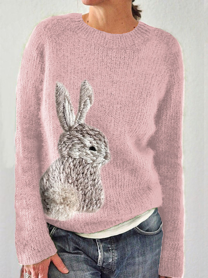 Cute Bunny Embroidery Art Cozy Knit Sweater