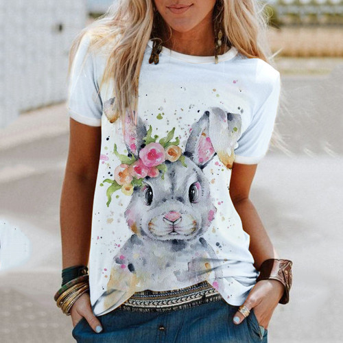 Cute Watercolor Rabbit Print Casual T-Shirt