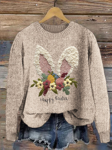 Happy Easter Bunny Floral Pattern Cozy Knit Sweater