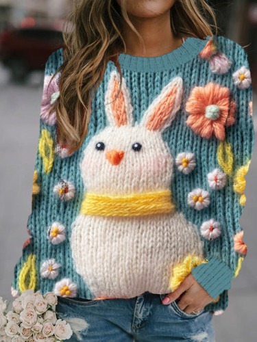 Cute Floral Easter Bunny Embroidery Art Cozy Sweater