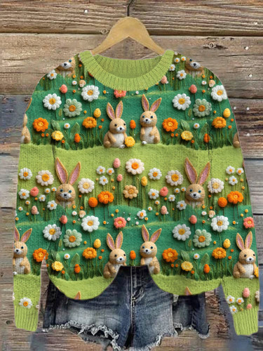 Cute Rabbit & Floral Felt Art Cozy Knit Sweater