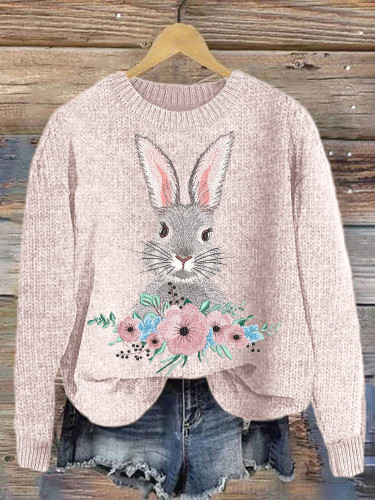 Bunny & Flower Embroidery Art Cozy knit Sweater