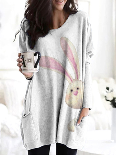 Cute Bunny Print Casual Cozy Long T-Shirt