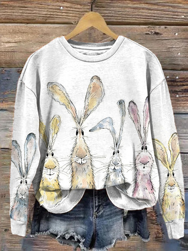 Watercolor Bunny Print Casual Cozy Sweatshirt
