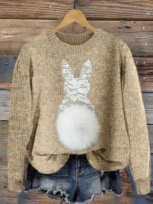 Easter Bunny Lace Pom Pom Cozy Knit Sweater