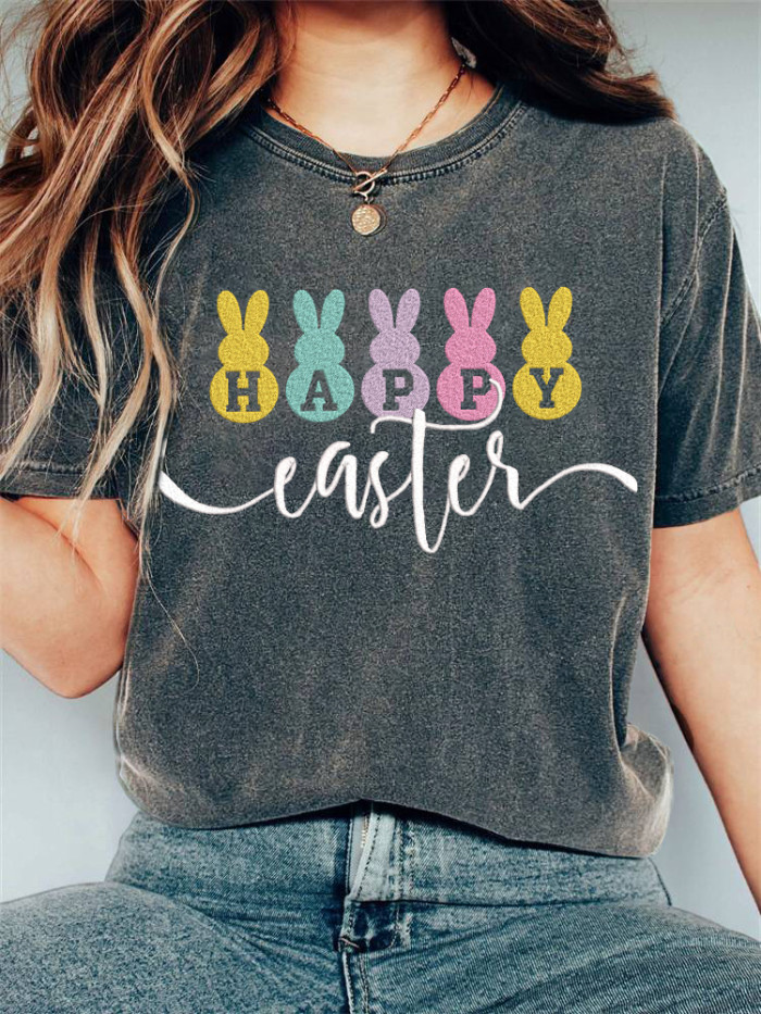 Easter Bunny Embroidery Art Casual Cozy Short Sleeve T-Shirt